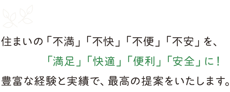 見出し：住まいの「不満」「不快」「不便」「不安」を、 「満足」「快適」「便利」「安全」に！ 豊富な経験と実績で、最高の提案をいたします。